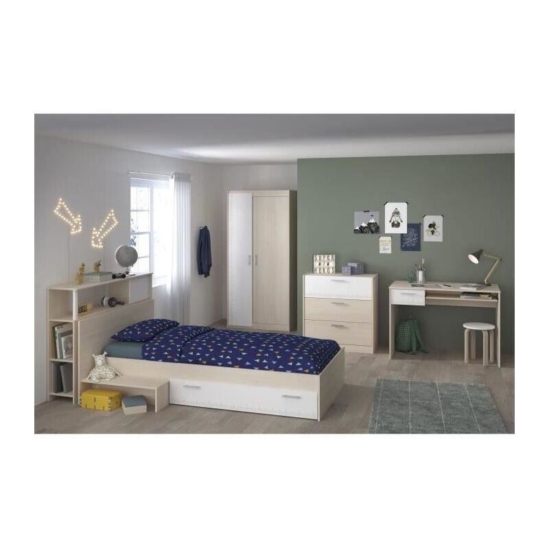 Les Tendances - charlemagne Chambre enfant complete - Tete de lit + lit + commode + armoire + bureau - contemporain - Decor acacia clair et blan