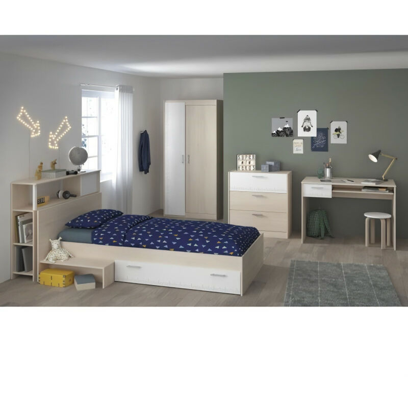 CHARLEMAGNE Chambre enfant complete - Tete de lit + lit + commode + armoire + bureau - contemporain - Décor acacia clair et b…