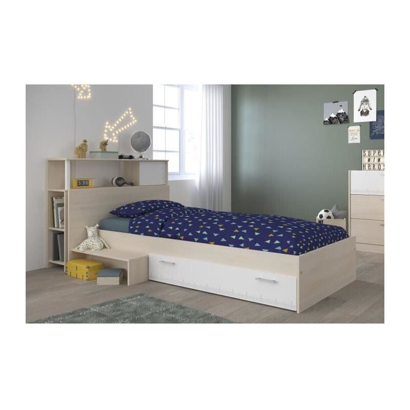 Ensemble lit + tete de lit avec rangement - Style contemporain - Decor acacia clair et blanc - charlemagne - Parisot
