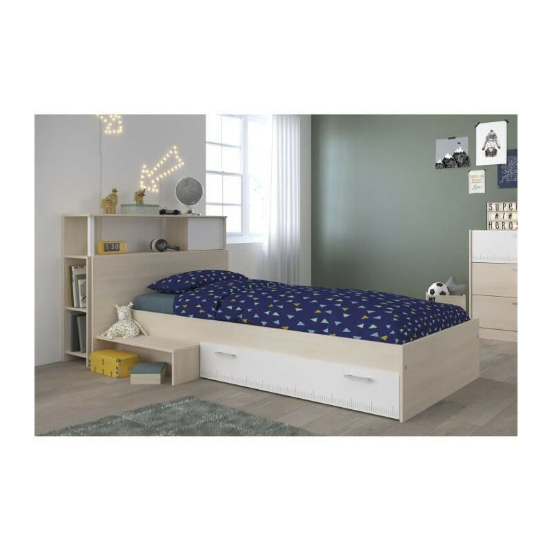 Ensemble lit + tete de lit avec rangement - Style contemporain - Decor acacia clair et blanc - charlemagne - Parisot