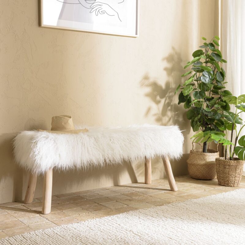 Macabane - sacha - Banc 120x40cm peau de mouton couleur ivoire pieds bois naturel