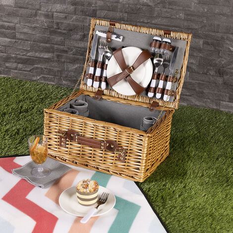 Charles Bentley 4 Person Wicker Picnic Basket Including Cutlery, Plates, Glasses - Gray