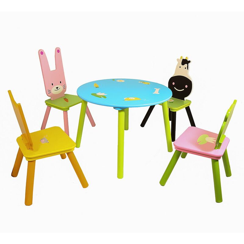 Charles Bentley Children's Animal 5 Piece Furniture Wooden Table and Chair Set - Multi-Coloured