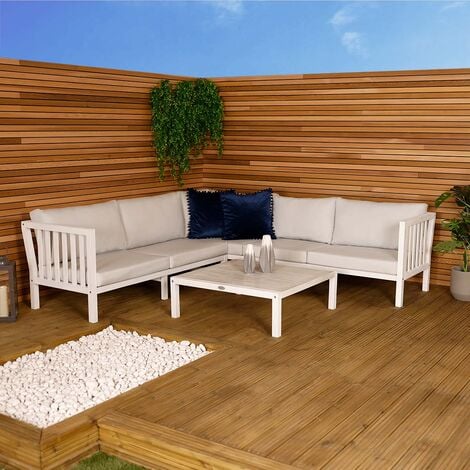Garden 5 Seater Corner Sofa Set Acacia Wood Coffee Table Grey Cushions Corato Garden 5 Seater Corner Sofa Set Acacia, 5 Seater Acacia Wood Garden Corner Sofa Set Grey Corato
