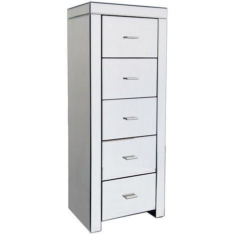 Charles Bentley Mirrored Glass Furniture 5 Drawer Tallboy Chest Cabinet Bedroom - Silver