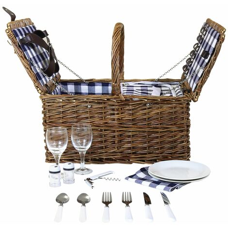 Charles Bentley Traditional 2 Person Wicker Picnic Basket Checkered Lining - Brown