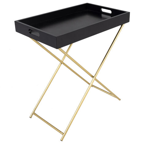 main image of "Charles Bentley Wooden Tray Top Butlers Gold Leg Side Table Black Metal Stand - Black"