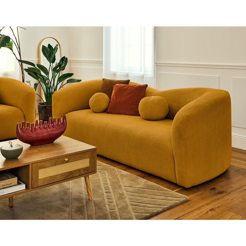 Lisa Design - Charles - canapé droit 3 places en velours texturé - jaune