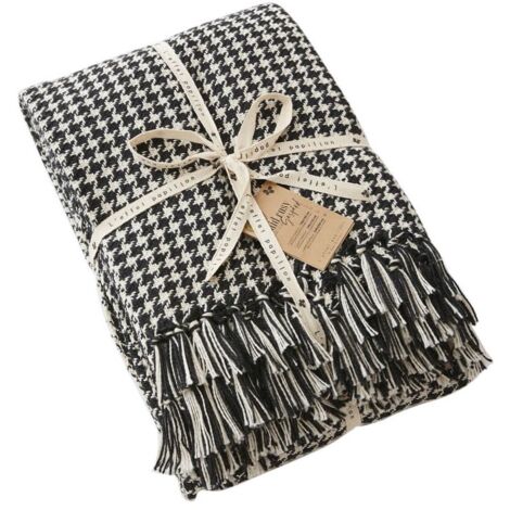 CHARLES - Couvre-lit à Franges 100% Recyclé Tissage Vichy Noir et Blanc 240x260cm