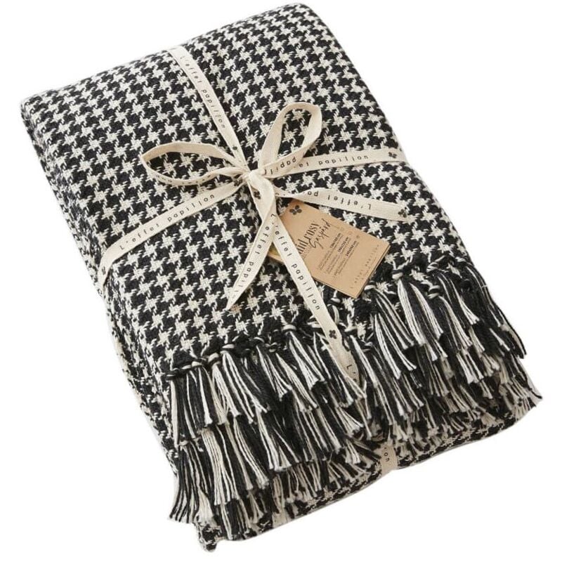 Charles - Plaid à Franges 100% Recyclé Tissage Vichy Noir et Blanc 130x160cm