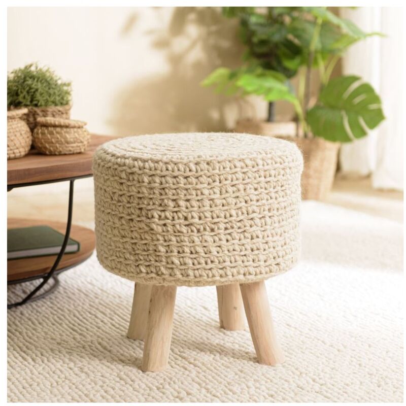Charles - Tabouret rond 40x40cm laine tressé ivoire pieds bois naturel