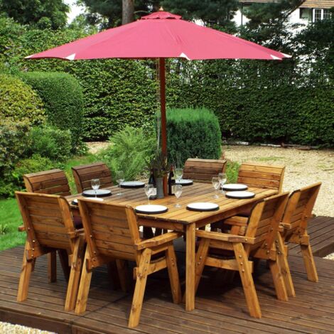 Charles Taylor 8 Seater Wooden Square Garden Dining Table & Chairs Parasol Green