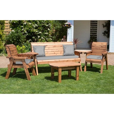 Charles Taylor Wooden Garden 5 Seater Multi Chair Bench Set & Table Grey Cushion