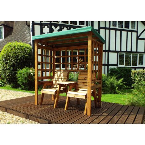 Charles Taylor Wooden Henley Garden Arbour Trellis & 2 Chairs Seat Green Cover