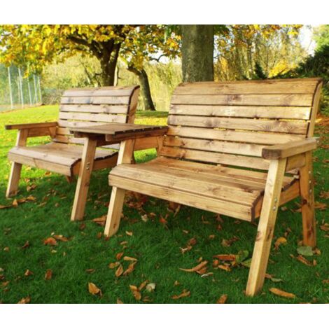 Charles Taylor Wooden Twin Garden 2 Seater Bench Set Straight & Green Cushion