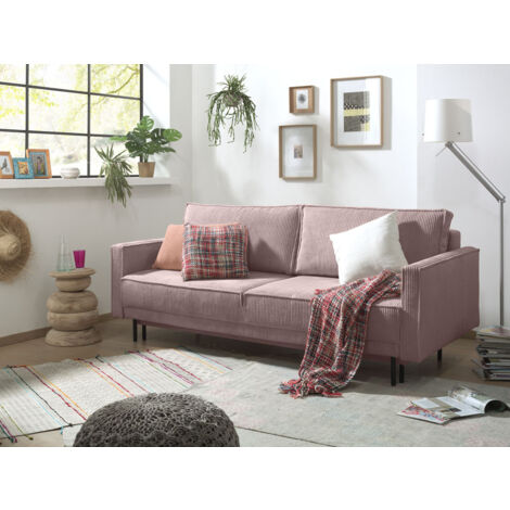 Charlie – 3-sitzer sofa mit schlaffunktion und bettkasten – aus cord - rosa