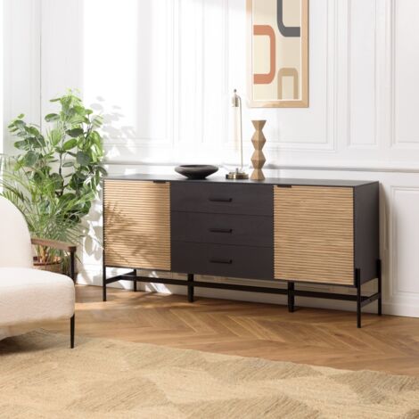 CHARLIE - Buffet bois 3 tiroirs 2 portes Pin marron et noir