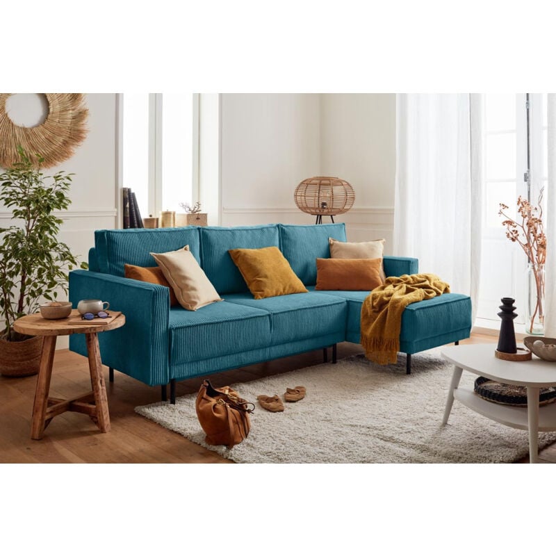 Lisa Design - Charlie - canapé d'angle réversible - 4 places - convertible avec coffre - en velours côtelé - bleu canard