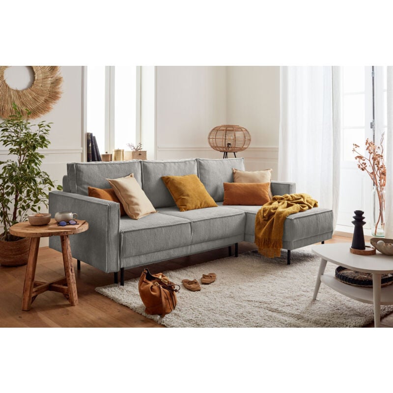 Lisa Design - Charlie - canapé d'angle réversible - 4 places - convertible avec coffre - en velours côtelé - gris clair