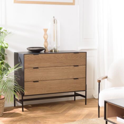 CHARLIE - Commode bois marron et noire 3 tiroirs pin pieds métal