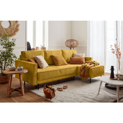 Charlie – ecksofa beidseitig montierbar – 4-sitzer – mit schlaffunktion und bettkasten – aus cord - gelb