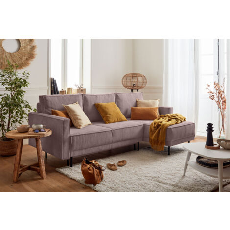 Charlie – ecksofa beidseitig montierbar – 4-sitzer – mit schlaffunktion und bettkasten – aus cord - rosa