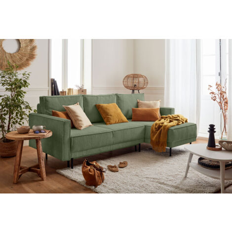 Charlie – ecksofa beidseitig montierbar – 4-sitzer – mit schlaffunktion und bettkasten – aus cord - salbeigrün