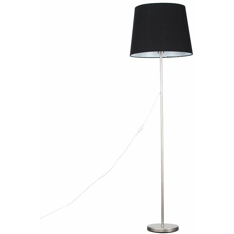 Minisun - Charlie Stem Floor Lamp in Brushed Chrome with Large Aspen Shade - Black - No Bulb