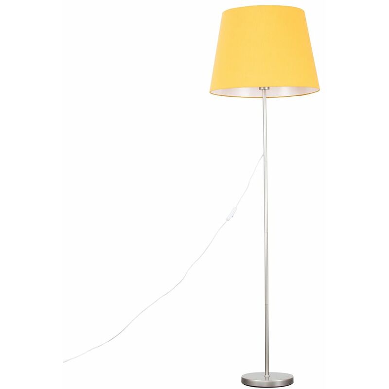 Minisun - Charlie Stem Floor Lamp in Brushed Chrome with Large Aspen Shade - Mustard - Including LED Bulb