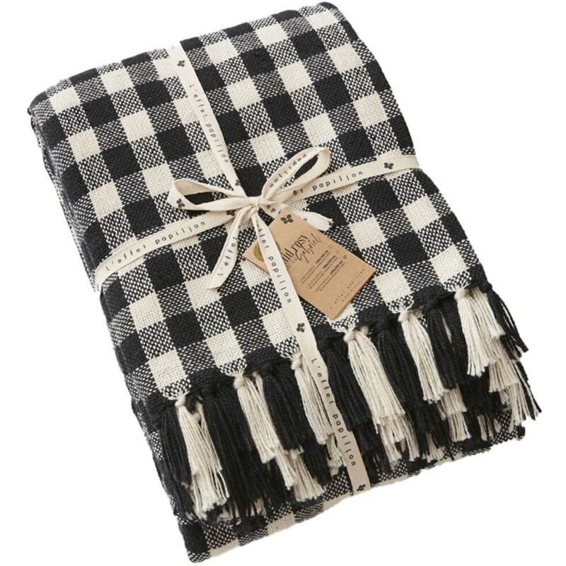 Charlot - Plaid à Franges 100% Recyclé Tissage Pieds de poule 180x220cm