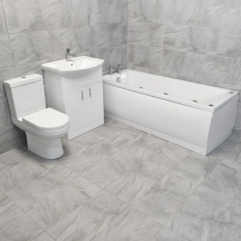 Charlotte Complete Whirlpool Bathroom Suite White 550 Vanity + Toilet Inc Taps, With 6 Jets-With End Panel