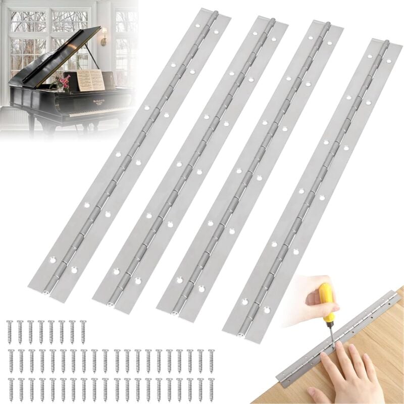 Charnière à barre de piano, Lot de 4 charnières de piano en acier inoxydable - Avec 48 vis - Pour pianos, portes d'armoire, armoires de bateau, 300 x