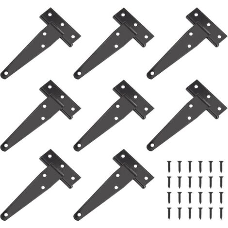 Charnière de porte robuste 10 cm (4 pouces), charnière en T noire, charnière plate en acier inoxydable, charnière en fer pour portes, fenêtres et abris de jardin (lot de 8).