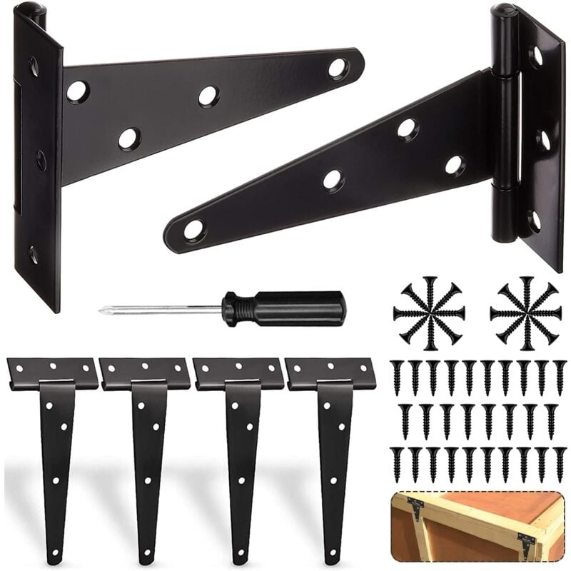 Charnière en T Paumelles Charnière porte Charnières en T de Porte de Grange 6PCS, Penture Volet Bois avec 42pcs vis Pour Les Portes d'usine, Les