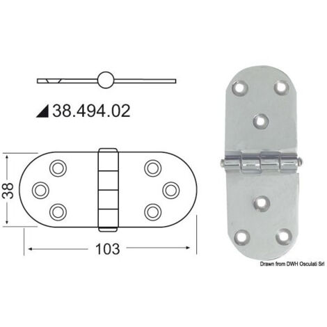 Charnière inox épaisseur 2 mm - 103 x 38 mm -