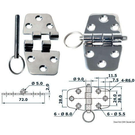Charnière inox épaisseur 2 mm - démontable - 72 x 38.5 mm