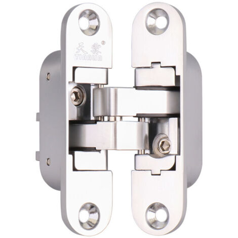 Charnière invisible 3D aluminium – Inox satiné – Pour portes jusqu'à 60 kg – Dimensions 58x95mm – Angle d'ouverture 180°