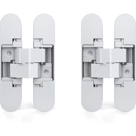 Charnière invisible pour portes, lot de 2 charnières invisibles pour portes lourdes, charge de 35 kg, ouverture à 180°, zamak, blanc.