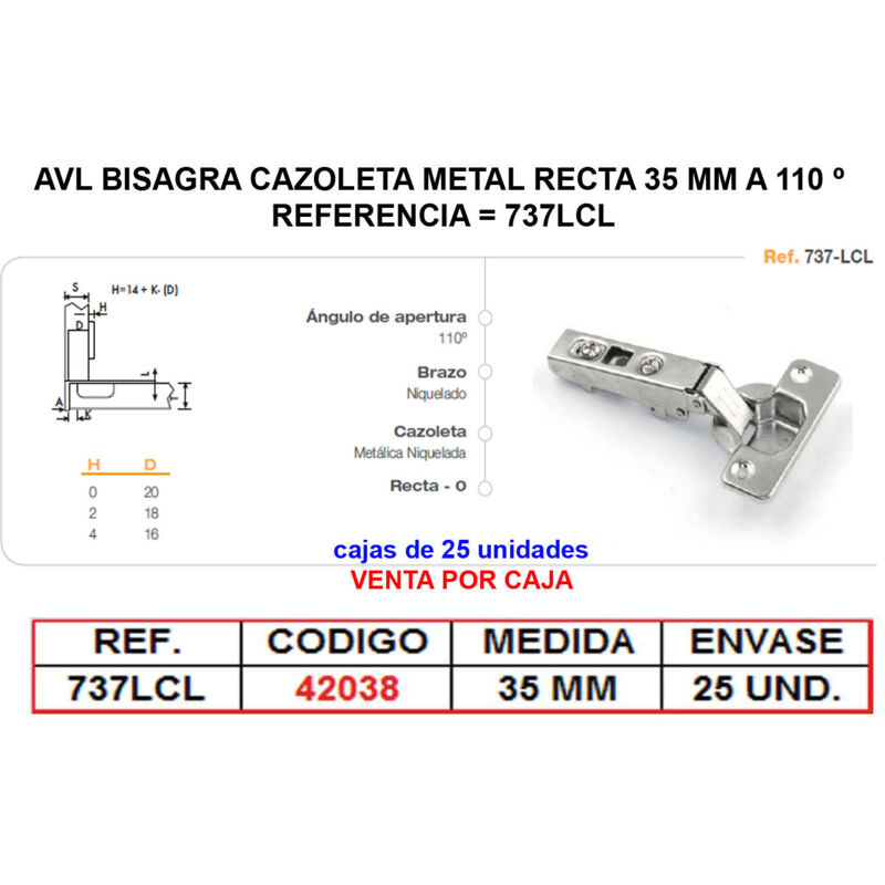 AVL - Charnière métallique droite 35 mm 110° avec clip 737LCL