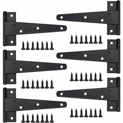 Charniere Porte Lourde 6pcs, Charniere Porte 6 Pouces, Charnière en T Noires, Charniere Plate Inox Charnières de Portes en Fer Charnières Robustes pour Portes, Fenêtres, Abris de Jardin