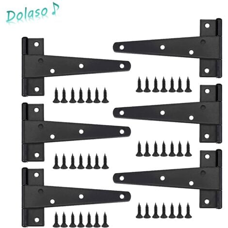 DOLASO Charniere Porte Lourde 6pcs, Charniere Porte 6 Pouces, Charnière en T Noires, Charniere Plate Inox Charnières de Portes en Fer Charnières Robustes pour Portes, Fenêtres, Abris de Jardin