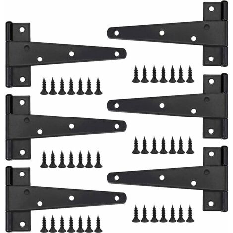 Charniere Porte Lourde 6pcs, Charniere Porte 6 Pouces, Charnière en T Noires, Charniere Plate Inox Charnières de Portes en Fer Charnières Robustes pour Portes, Fenêtres, Abris de Jardin