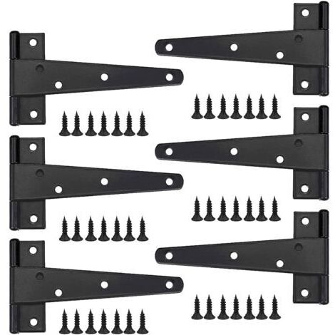 Charniere Porte Lourde 6pcs, Charniere Porte 6 Pouces, Charnière en T Noires, Charniere Plate Inox Charnières de Portes en Fer Charnières Robustes pour Portes, Fenêtres, Abris de Jardin