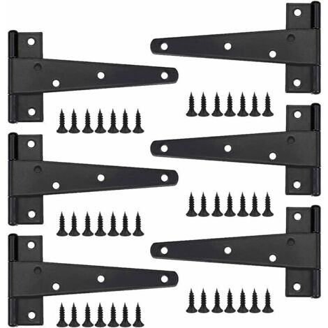 Charniere Porte Lourde 6pcs, Charniere Porte 6 Pouces, Charnière en T Noires, Charniere Plate Inox Charnières de Portes en Fer Charnières Robustes pour Portes, Fenêtres, Abris de Jardin