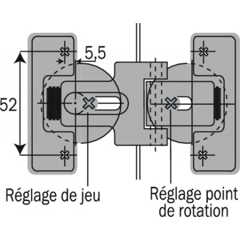 Charnière invisible spécifique 180° pour portes pliantes avec axe de rotation décalé Hettich