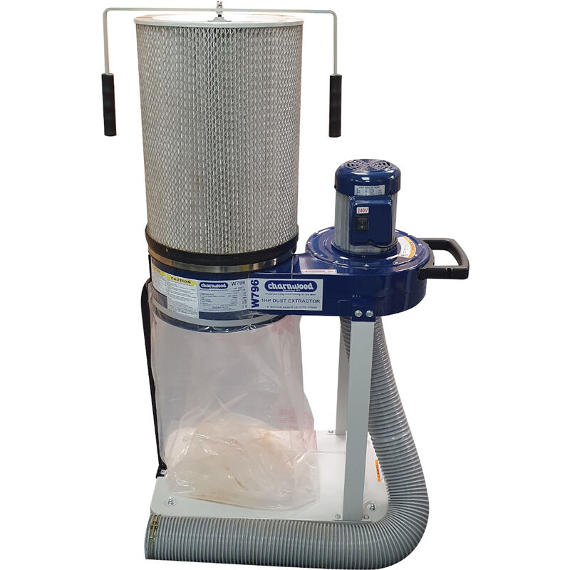W796CF Woodworking Dust & Chip Extractor, 1 Micron Cartridge Filter - Blue - Charnwood