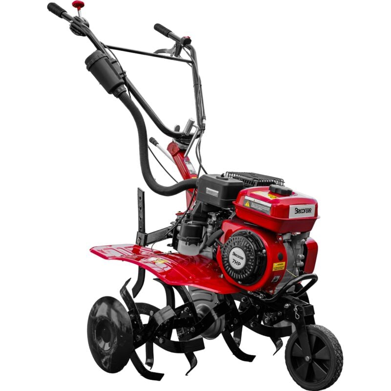 Motobineuse Thermique 7HP 2+1 Vitesses , Avec Grandes Roues 400X8, Lames et Charrue Même Bricoferr