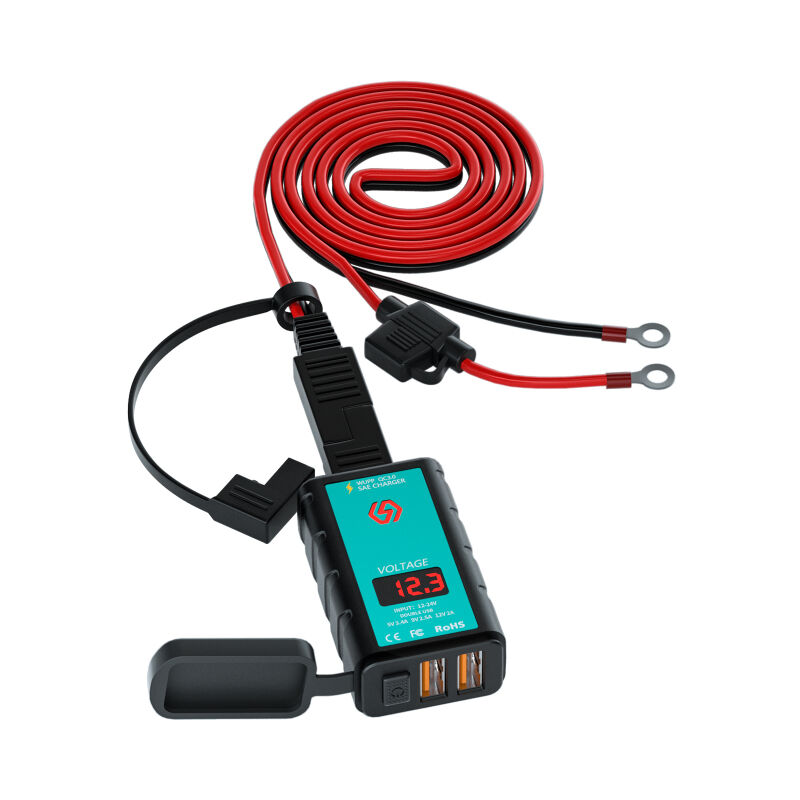 Chargeur USB double USB pour moto, charge rapide 3.0 avec voltmètre, câble d'extension OT de 1,4 m pour voitures, motos, DSUV et bateaux DC12-24 V