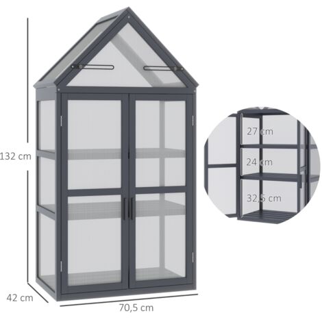 Châssis froid bois polycarbonate 70,5x42x132cm, 3 niveaux toit charnière intempéries