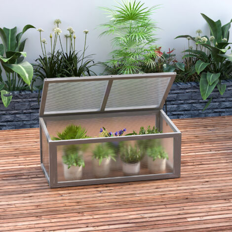 Châssis froid Outsunny. serre en bois et polycarbonate. 90 x 46 x 40 cm. serre résistante aux intempéries avec couvercle. châssis froid pour plates-bandes. gris